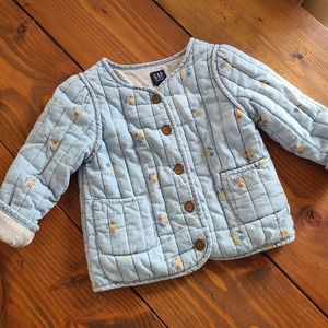 GAP Blue Quilted Kids Jacket with Floral Embroidery